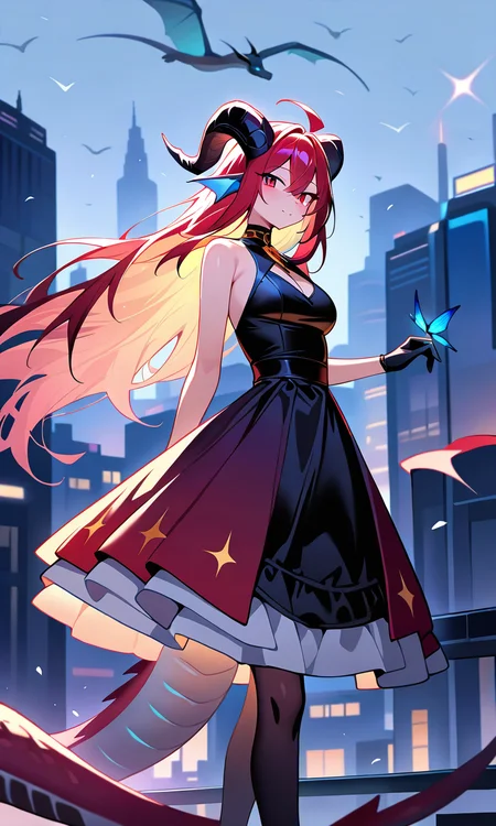 dragonling, scalie_human, monstergirl, dress, cityscape, 