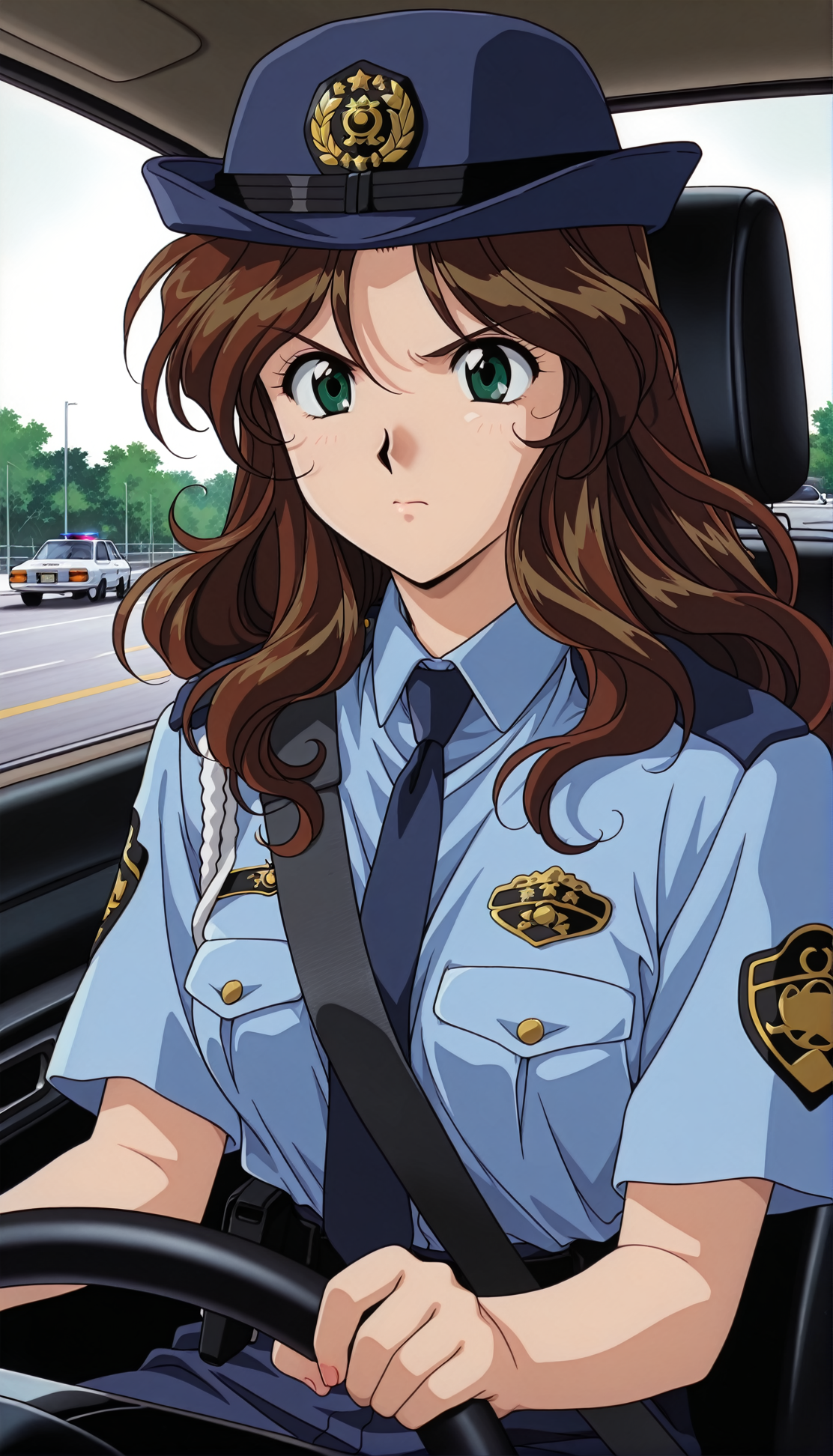masterpiece,best quality,amazing quality,1990s \(style\),AoiFutaba tv,1girl,solo,green eyes,brown hair,wavy hair,long hair,police,police uniform,policewoman,uniform,car interior,car,ground vehicle,motor vehicle,hat,steering wheel,driving,necktie,police hat,seatbelt,blue headwear,angry,<lora:AoiFutaba ill:0.9>,