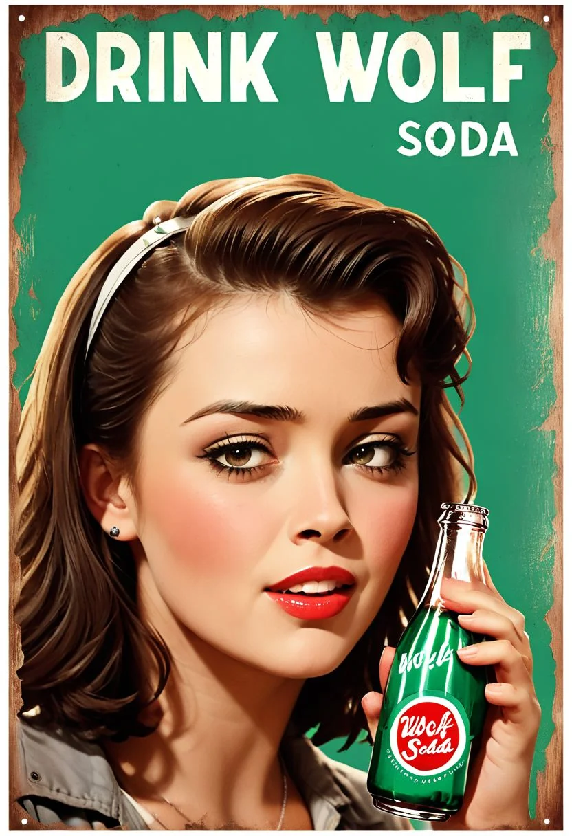 poster of a woman drinking soda, text "Drink Wolf Soda", falloutpostsdxl,<lora:falloutpostsdxl:0.8>, 1960s \(style\), distressed poster, wolf logo,