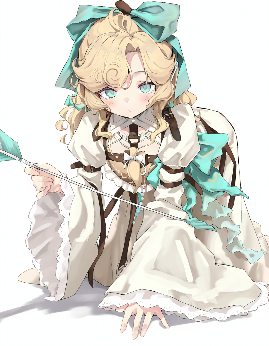 lorelei,1girl,solo,looking at viewer,simple background,white background,bow,cowboy shot,<lora:lorelei'-000014:1>,all fours,holding_arrow,, masterpiece, best quality, very aesthetic, absurdres,newest, incredibly absurdres,, toshizou \(0714\)