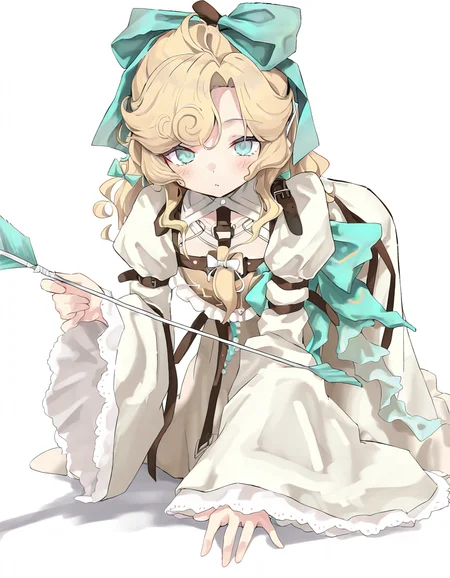 lorelei,1girl,solo,looking at viewer,simple background,white background,bow,cowboy shot,<lora:lorelei'-000014:1>,all fours,holding_arrow,, masterpiece, best quality, very aesthetic, absurdres,newest, incredibly absurdres,, toshizou \(0714\)
