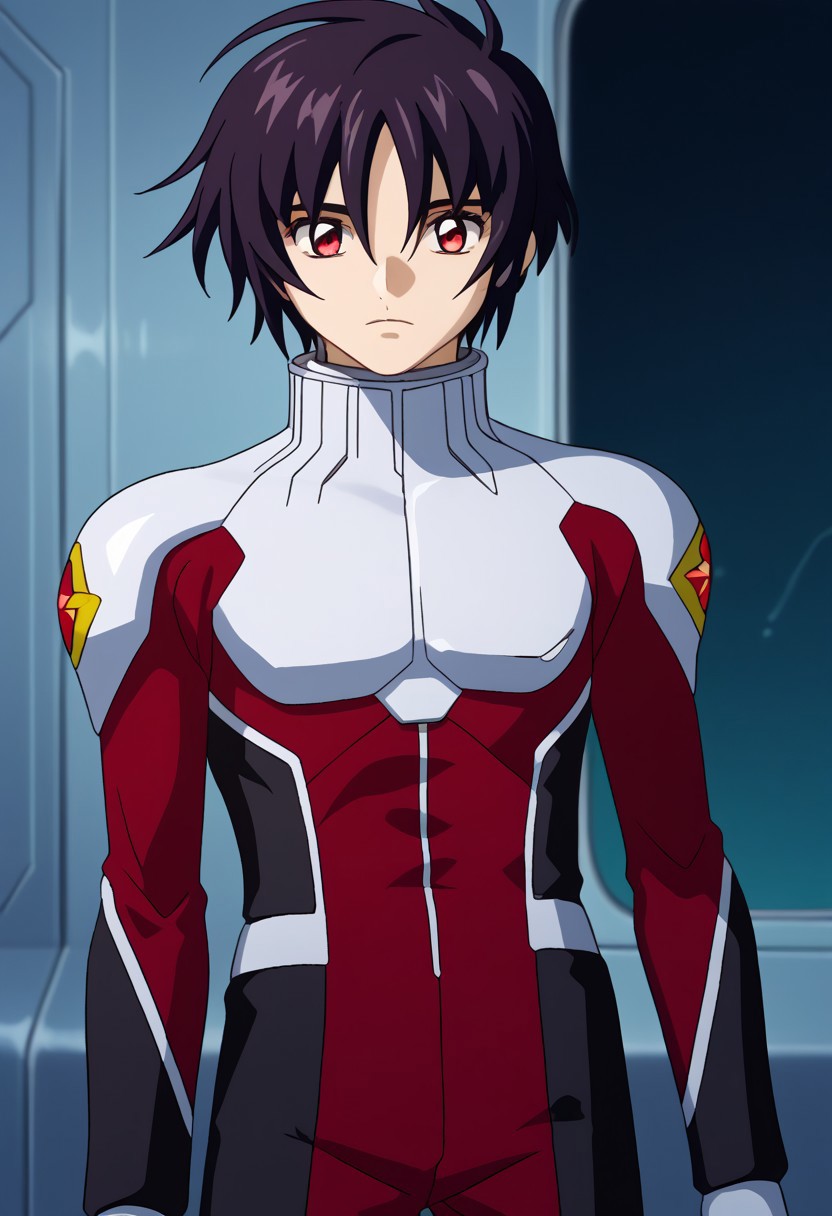 score_9, score_7_up, source_anime 
shinn, 1boy, male focus, solo, red eyes, black hair, pilot suit, multicolored clothes, red suit, black suit, white suit,
indoor