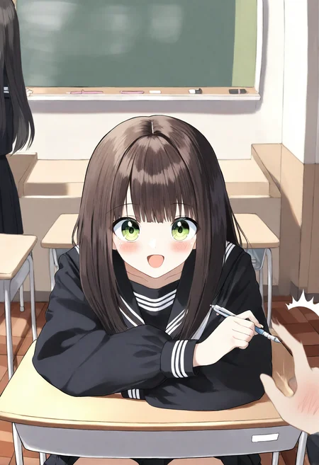 <lora:penta1_noob1.1-000139:0.9>,
serafuku, school uniform, multiple girls, shirt, 2girls, black sailor collar, skirt, pleated skirt, sailor collar, blush, :d, long sleeves, black serafuku, black skirt, black shirt, indoors, green eyes, smile, ^^^, solo focus, pov, holding, looking at viewer, pencil, puffy long sleeves, open mouth, puffy sleeves, brown shirt, school desk, desk, black hair, mechanical pencil, long hair, out of frame, holding pencil, brown hair, chalkboard, pov hands,
masterpiece,best quality,newest,absurdres,highres,very awa,