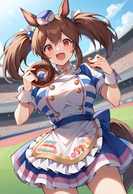 <lora:HishiAkebono-05:1> hishi akebono, brown hair, animal ears, twintails, horse ears, horse girl, red eyes, tail, large breasts, hat, short sleeves, wrist cuffs, puffy short sleeves, apron, stadium, happy, eating, donut, eating donut, score_9, score_8_up, score_7_up, source_anime,