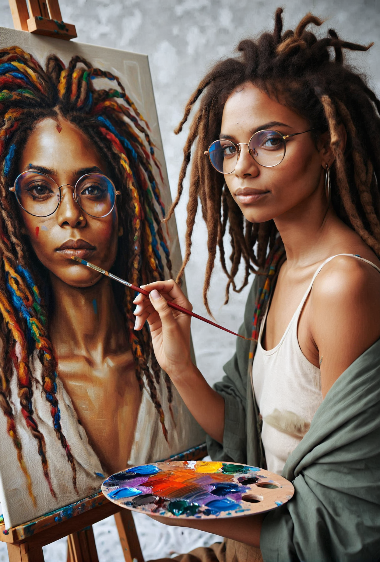 photo of a woman painting a self-portrait, painting, canvas, african, 1girl, glasses, dreadlocks, <lora:paintingselfportrait:0.8>