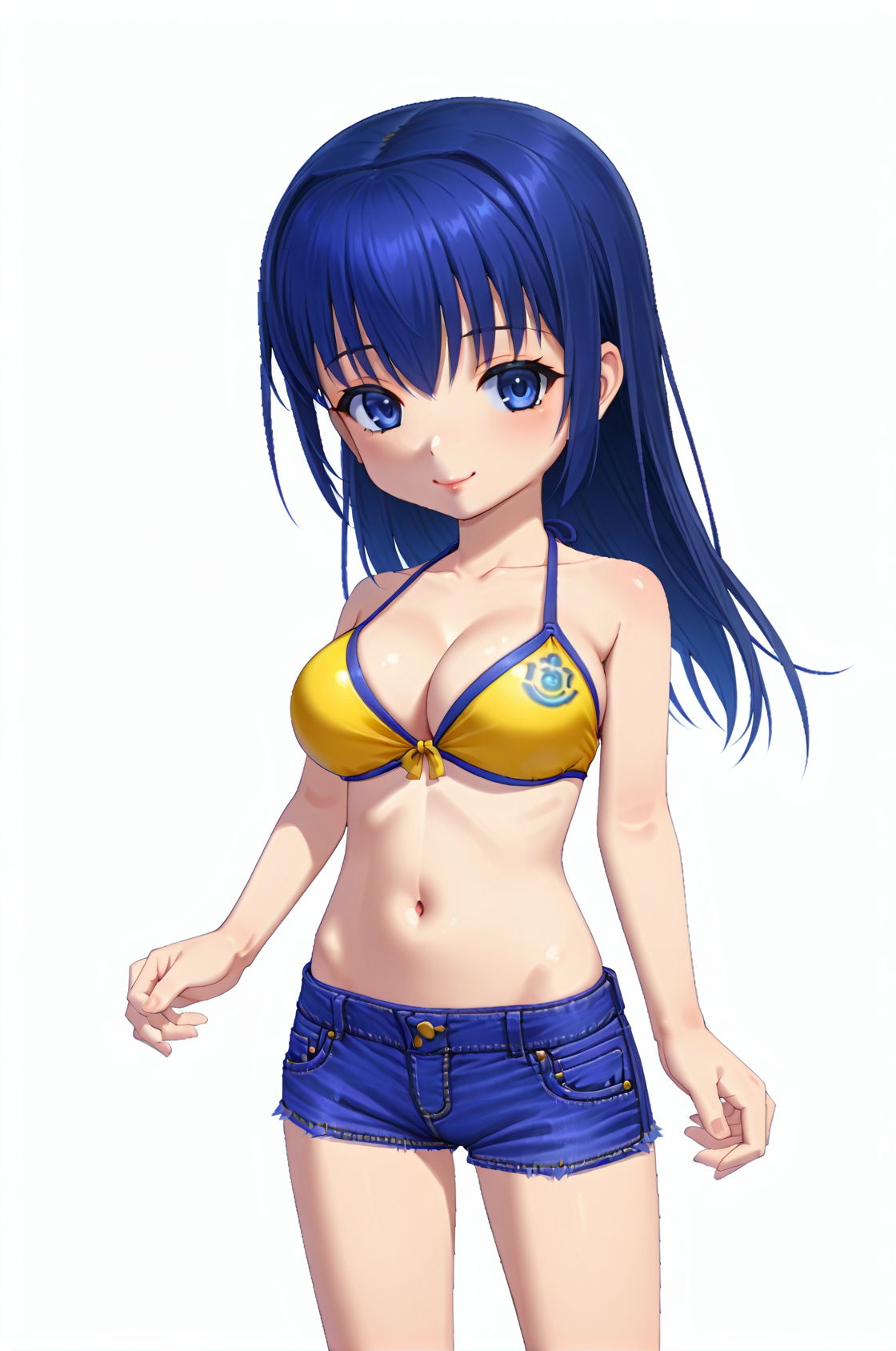 arinPangya, blue hair, blue eyes, long hair, bangs, large breasts, lips, swimSet, yellow bikini top, denim shorts, standing, smile, 1girl, solo, looking at viewer, white background,
<lora:arinPangyaIlustV3.0-000007:1>