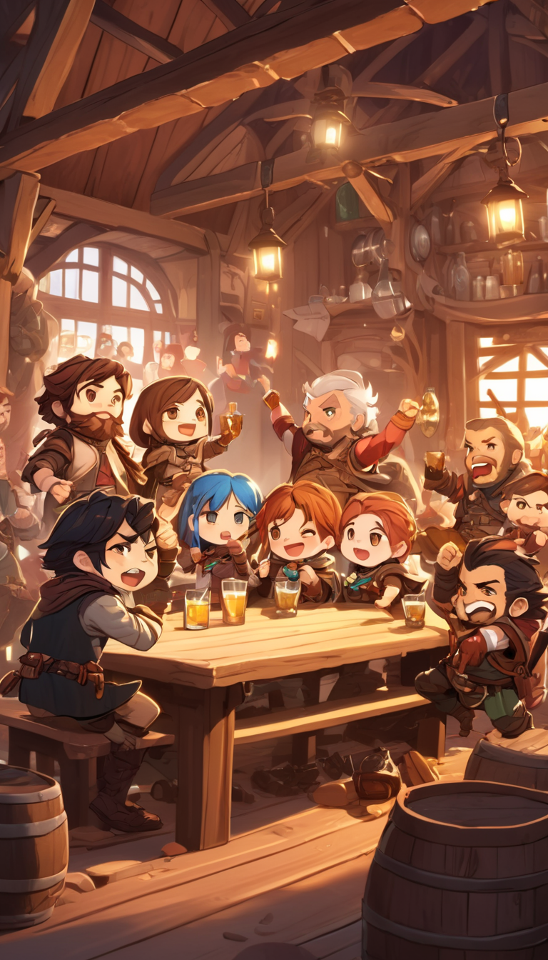 Cinematic scene, hero view, a group of adventurers partying in a cozy tavern, action pose, detailed background, masterpiece, best quality, high quality, highres, absurdres, chibi <lora:nendoroid_xl_v4:1>