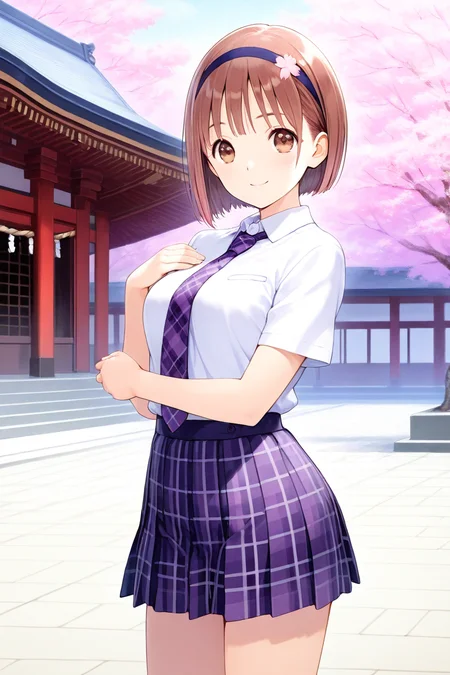 <lora:Hoshizaki_Ao_Blue_Reflection_Illus:1>1girl, solo, looking at viewer, short hair, skirt, japanese temple, sakura petal, sakura tree, center of attention, brown hair, brown eyes, school uniform, standing, cowboy shot, pleated skirt, hairband, purple tartan necktie, plaid, plaid skirt, bob cut, Hoshizaki Ao, white shirt, short sleeves, school uniform outfit, sexy pose, sexy smile, hairband, headband,