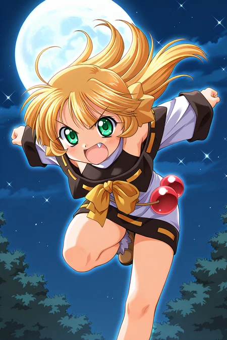 masterpiece, best quality, absurdres, official art, official style, general BREAK <lora:ouki-torakapu_IL_v1-1:0.7>, ouki, 1girl, solo, green eyes, blonde hair, sidelocks, long hair, ahoge, no headwear, flat chest, turtleneck, halterneck, black capelet, yellow ribbon, ribbon trim, white dress, short dress, off-shoulder dress, yellow bow, breast bow, long sleeves, wide sleeves, detached sleeves, fur trim, boots, moon, fang, open mouth, full moon, night, cloud, night sky, outstretched arms, looking at viewer, spread arms, v-shaped eyebrows, clenched hands, moonlight, starry sky, outdoors, sparkle, silhouette, angry, leaning forward, bare shoulders, two large orbs, hanging from waist, red orbs, jumping, dynamic pose, floating hair, motion blur, serious, glowing on backlighting