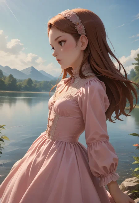 score_9, score_8_up, score_7_up, score_6_up, source_anime,
1girl, 21+ years old,
mnsior,
mnsior, petite, longhair, brown hair, forehead, brown eyes, hairband, small breasts,
victorian pink dress,
, lake, sun
Cowboy shot Dynamic angle, dutch angle
Side view, Dynamic pose
View legs