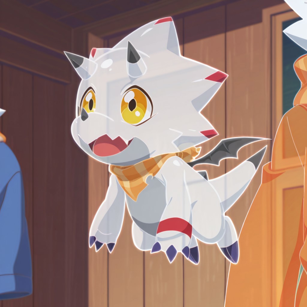 ((masterpiece, best quality, amazing quality,))  GammaGil, semi-anthro, Gammamon, ceratopsian, ghost form, outline, translucent body, white skin, yellow eyes, translucent blue neckerchief, horns, nose horn, tail, translucent character, translucent bat_wings, flying, inside, translucent orange scarf