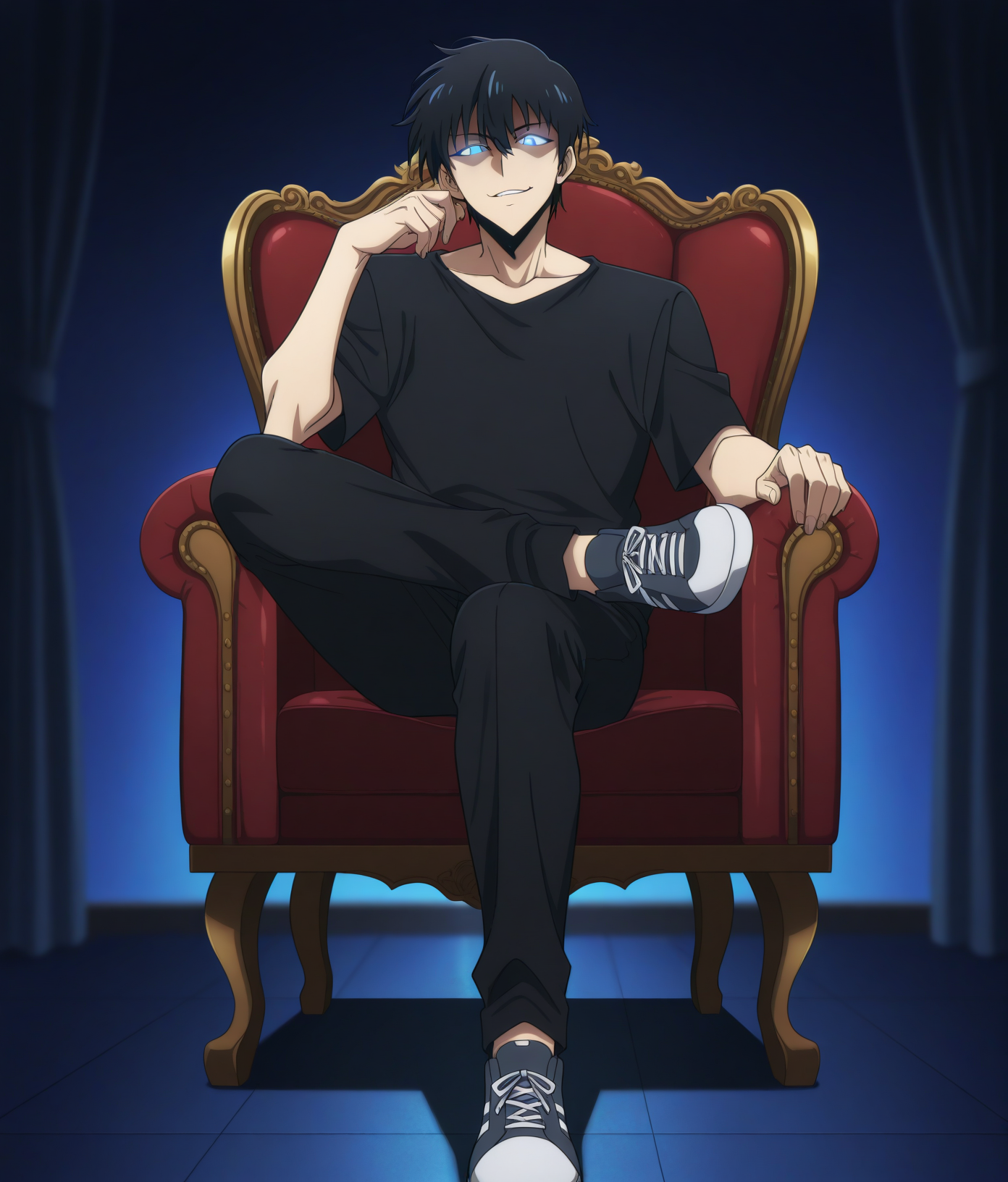 masterpiece,best quality,absurdres,highres,very aesthetic,high quality,
1boy,solo,male focus,adult,
anime coloring,anime screenshot,
<lora:Sung_Jin-Woo:0.9>,sungj1nw00,blue eyes,black short hair,
black shirt,black pants,sneakers,
looking at viewer,smirk,glowing eyes,
indoor,simple background,blue background,blurry background,
<lora:figure_four_sitting_IL_v1:1>,figure four sitting,sitting,elegant chair,crossed legs,
full body,