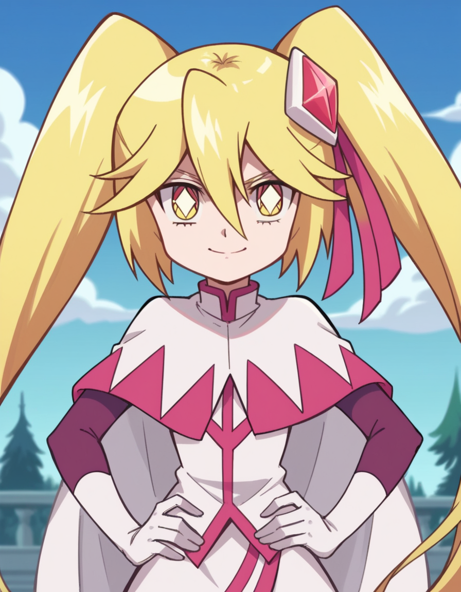 score_9, score_8_up, score_7_up, source_anime,
queendiamond, <lora:queen-diamond-s1-ponyxl-lora-nochekaiser:1>,
queen diamond, long hair, blonde hair, twintails, yellow eyes, diamond eyes, hair ornament, hair ribbon, ribbon, hair between eyes,
dress, capelet, white capelet, gloves, white gloves,
outdoors, hands on hips, smile,
looking at viewer, upper body, solo, dutch angle,