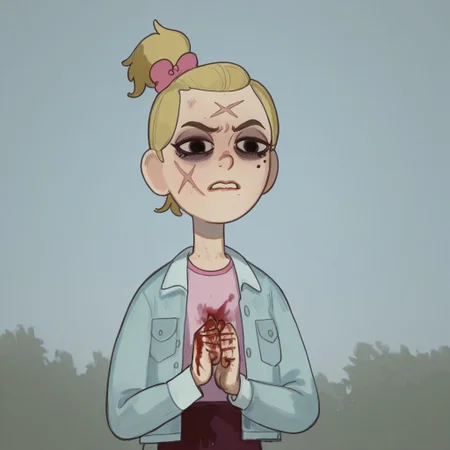 Sasha, 1girl, alone, short stature, blonde hair tied in a ponytail with a dark pink bow, mole on left cheek, light blue jacket, light pink shirt,
Mossastyle
Sasha with a sad and angry, dull look and dark circles under her eyes. Sasha cries as she hugs a sword. Blood on her hands, blood on her clothes, a scar on her cheek.. Half body