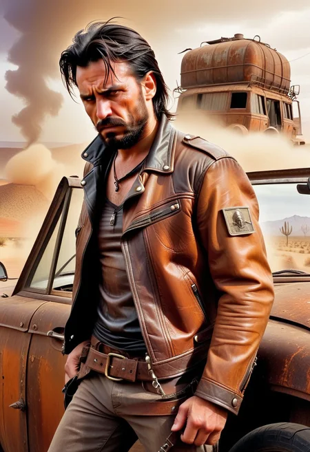 one man, black hair, clean face, square jaw, eye crinkles, annoyance, frown, kicking car, desert, old road, Jug tied to top, rust on car, aged car, bars instead of windows, side holster, knife in carrier, leather jacket, old west undershirt, dust storm in distance, dvr-rst,  defined, highly detailed,