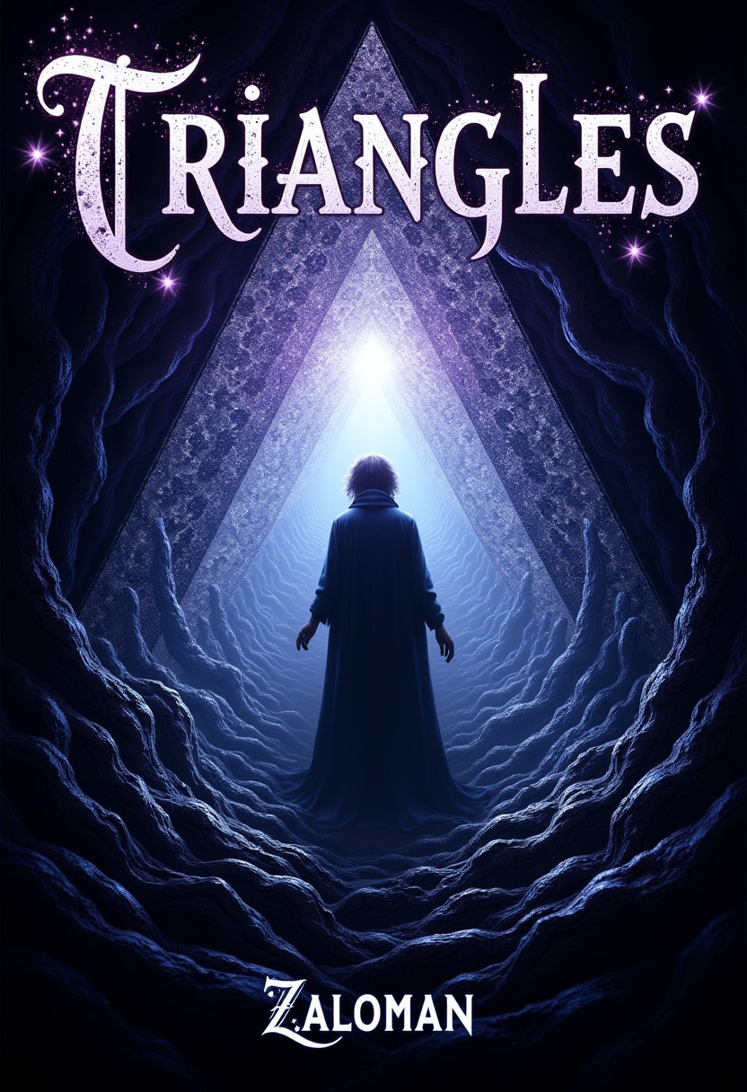 The cover should feature a mesmerizing, intricate pattern of triangles that seem to shift and writhe like living shadows.
The triangles should be arranged in a way that creates a sense of depth and dimensionality, drawing the viewer's eye into the heart of the design.
A figure should be visible in the center of the cover, shrouded in mist or shadow.
The figure should be androgynous, with features that are both masculine and feminine.
The figure should be surrounded by a halo of light that seems to pulse with an otherworldly energy.
The color palette should be dark and muted, with shades of indigo, purple, and black dominating the design.
The triangles should be rendered in a metallic silver ink that seems to shimmer and glow in the light.
The title of the novel, 'Triangles', should be emblazoned across the top of the cover in bold, gothic letters.
The author's name "Zaloman" should be written in smaller text at the bottom of the cover