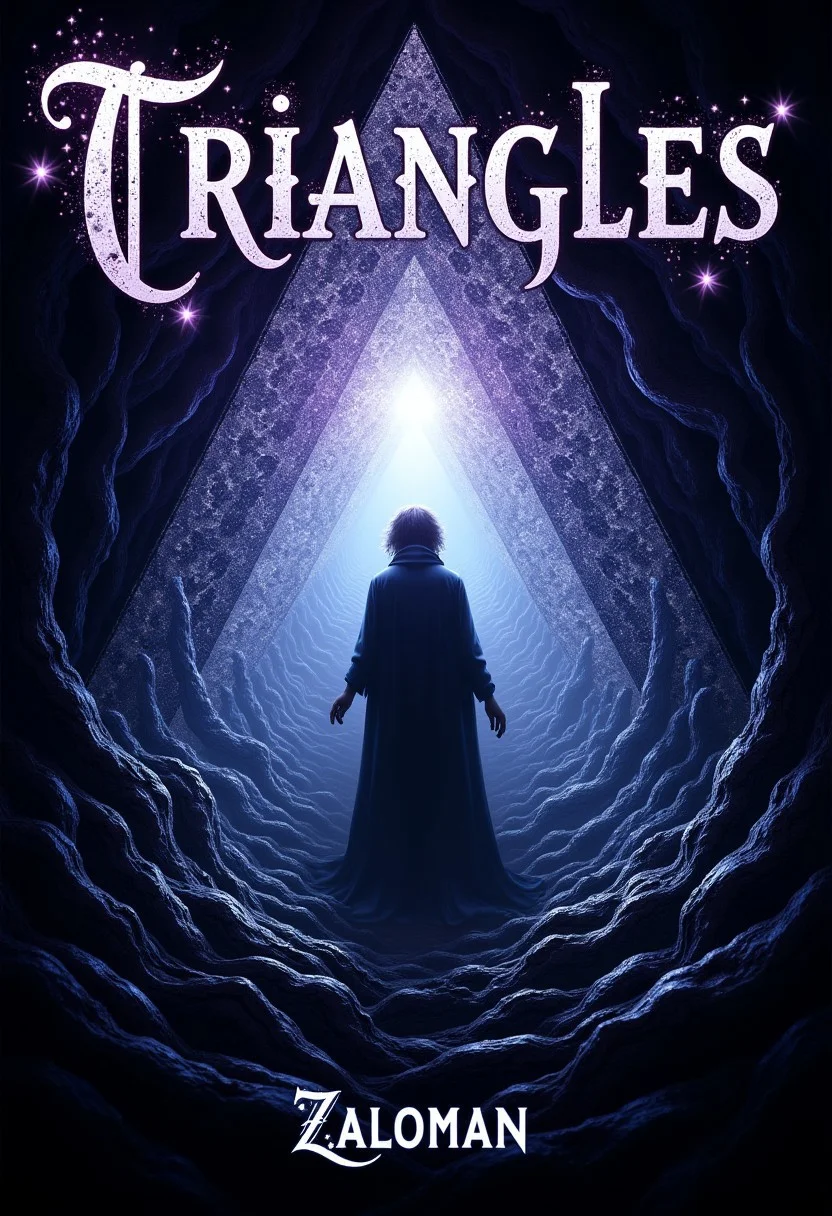 The cover should feature a mesmerizing, intricate pattern of triangles that seem to shift and writhe like living shadows.
The triangles should be arranged in a way that creates a sense of depth and dimensionality, drawing the viewer's eye into the heart of the design.
A figure should be visible in the center of the cover, shrouded in mist or shadow.
The figure should be androgynous, with features that are both masculine and feminine.
The figure should be surrounded by a halo of light that seems to pulse with an otherworldly energy.
The color palette should be dark and muted, with shades of indigo, purple, and black dominating the design.
The triangles should be rendered in a metallic silver ink that seems to shimmer and glow in the light.
The title of the novel, 'Triangles', should be emblazoned across the top of the cover in bold, gothic letters.
The author's name "Zaloman" should be written in smaller text at the bottom of the cover