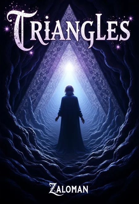 The cover should feature a mesmerizing, intricate pattern of triangles that seem to shift and writhe like living shadows.
The triangles should be arranged in a way that creates a sense of depth and dimensionality, drawing the viewer's eye into the heart of the design.
A figure should be visible in the center of the cover, shrouded in mist or shadow.
The figure should be androgynous, with features that are both masculine and feminine.
The figure should be surrounded by a halo of light that seems to pulse with an otherworldly energy.
The color palette should be dark and muted, with shades of indigo, purple, and black dominating the design.
The triangles should be rendered in a metallic silver ink that seems to shimmer and glow in the light.
The title of the novel, 'Triangles', should be emblazoned across the top of the cover in bold, gothic letters.
The author's name "Zaloman" should be written in smaller text at the bottom of the cover