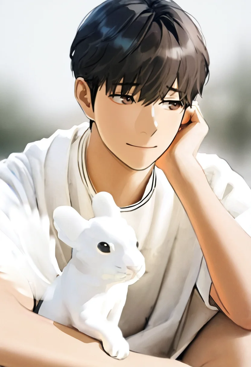 <lora:AsianGuy:0.8>, AsianGuy, (nodaeng:1.5), masterpiece, ultra-HD, cinematic lighting, photorealistic, (impressionism:1.5), high detail, depth of field, (blurred background), (dramatic lighting),masterpiece, best quality, very aesthetic,8k,masterpiece, best quality, realistic, masterpiece, best quality, 8k, <lora:PenisQuiron_illus:1>, breeze style, short hair,<lora:add_detail:1>, ((handsome man:1.2, light skin)), (focus male), ((mature man:1.3)),
<lora:Breez_Style:0.95>, breeze style, shiny skin, fair skin, smooth skin, smile, dynamic view, The image is a stylized photograph featuring a man sitting sideways on a structure that resembles a white sculpture. He is holding onto their knees with his hands, which are positioned near the center of their body. He is wearing a flowing, white garment that drapes over one shoulder and down over the other, suggesting a classical or mythological attire, possibly inspired by the Greek gods. The person has short, straight hair that falls over their shoulders, framing their face. Their hair color is not distinctively different from their skin tone, so it may be a shade of brown. The person's skin appears fair and they are wearing a subtle, gold-toned accessory around their neck. His expression is contemplative with a slight furrowed brow and a downturned gaze, almost as if they are deep in thought or lost in a moment of introspection. The pose and the surroundings give the image a serene, ethereal quality.He has wings.
