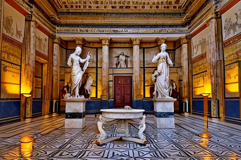 (masterpiece:1.2), (best quality,:1.2), 8k, HDR, ultra detailed, ((photorealistic)), professional light, cinematic lighting, fashion photography, ambient lighting, face lighting, <lora:detail_slider_v4:1>, Fantasy picture, OverallDetail, large ancient room with a marble table, and with a statue on the floor in the middle, RomInt, <lora:RomanInterior-10:1>, epiCPhoto