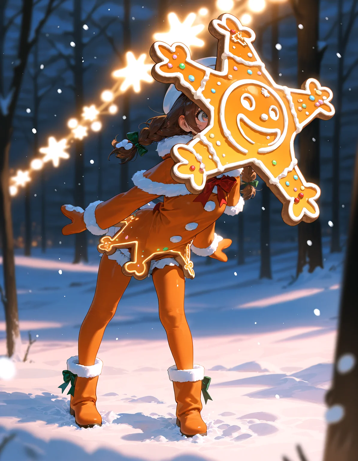 masterpiece, best quality, amazing quality, very aesthetic, absurdres,  newest, volumetric lighting
gingerbread,  snowing,  merry, Gingerbread girl, <lora:Gingerbread_Man:0.6>,
masterpiece, best quality, amazing quality, very aesthetic, absurdres,  newest, volumetric lighting