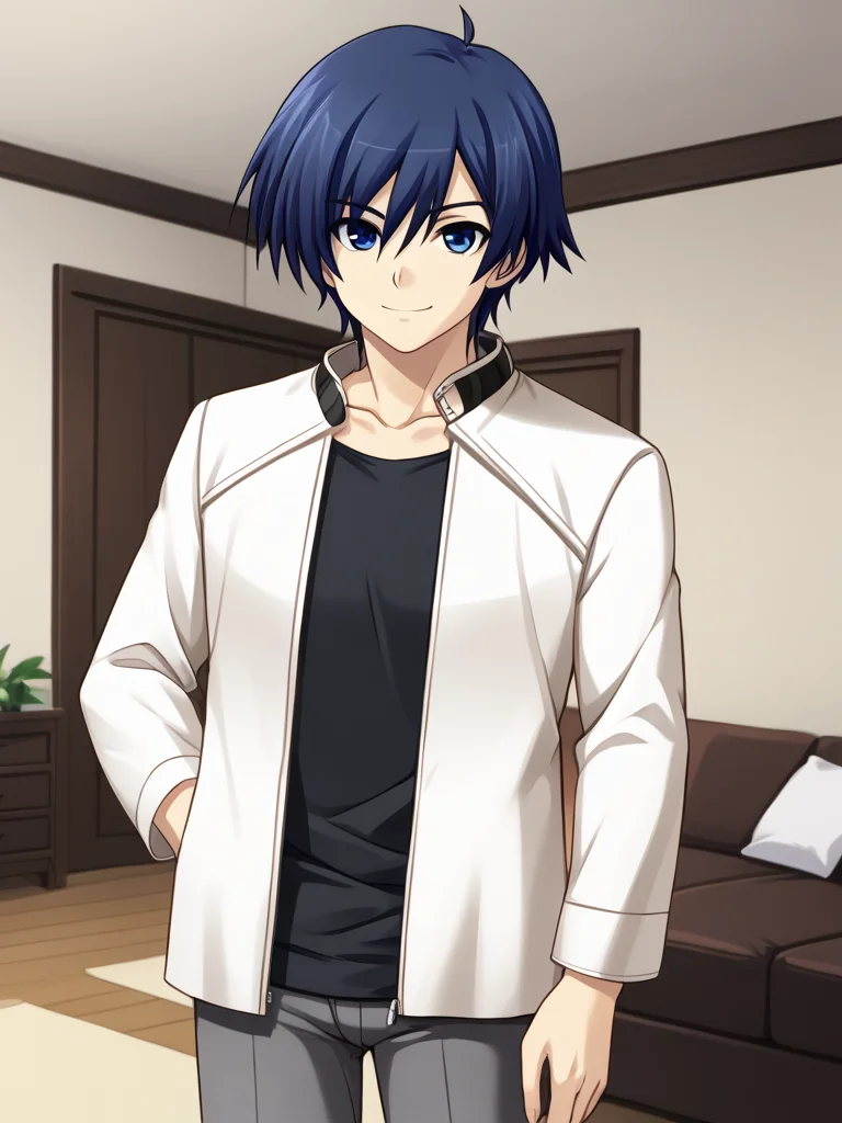 1boy, solo, kakerueleveneyes, blue hair, short hair, ahoge, blue eyes, white jacket, black shirt, grey pants, indoors, living room, standing, hand in pocket, cowboy shot, smile