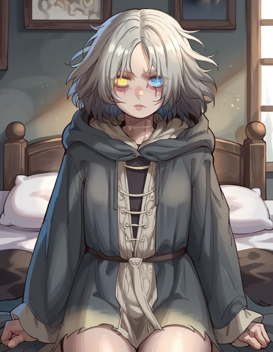 score_9,score_8, score_7, bedroom, 1girl, indoors, solo, ebonyxh, <lora:ebonyxh-000011:1>, DarkMelina, hood, gray hair, scars, blue pupil, yellow pupil, heterochromia, <lora:DarkMelina:0.8>