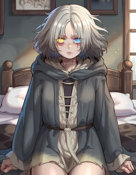 score_9,score_8, score_7, bedroom, 1girl, indoors, solo, ebonyxh, <lora:ebonyxh-000011:1>, DarkMelina, hood, gray hair, scars, blue pupil, yellow pupil, heterochromia, <lora:DarkMelina:0.8>