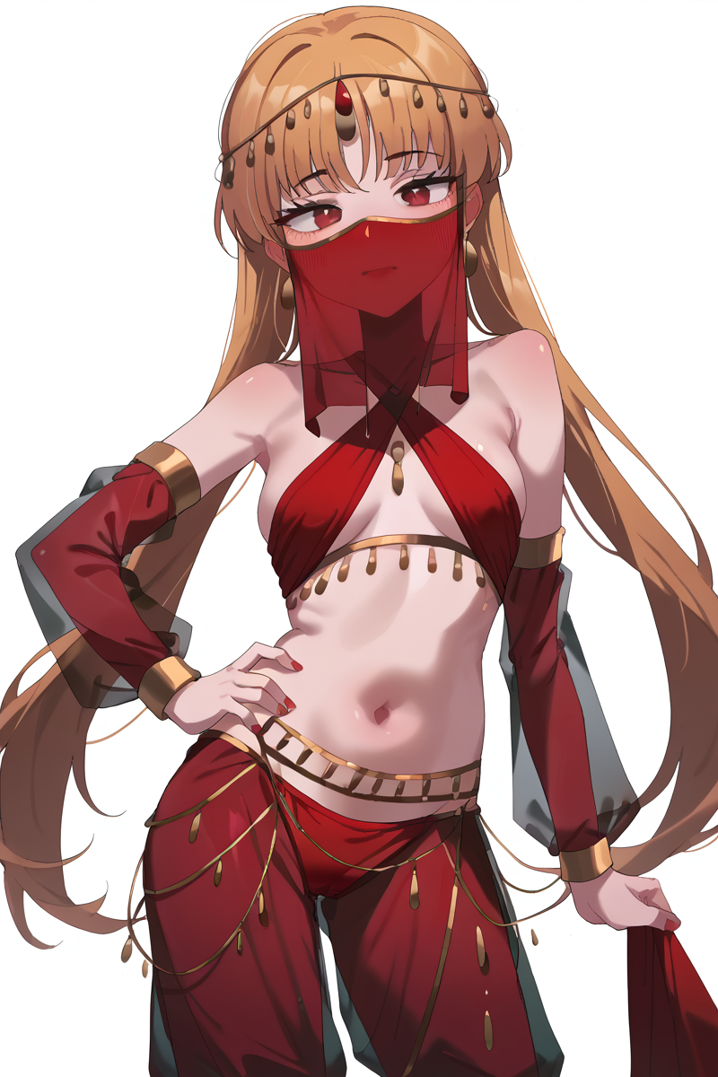 score_9, score_8_up, score_7_up, source_anime,
<lora:JJJJ_pony:1> jjjj, 1girl, mouth veil, veil, solo, navel, long hair, blush, red nails, white background, hand on hip, breasts, see-through, harem outfit, medium breast