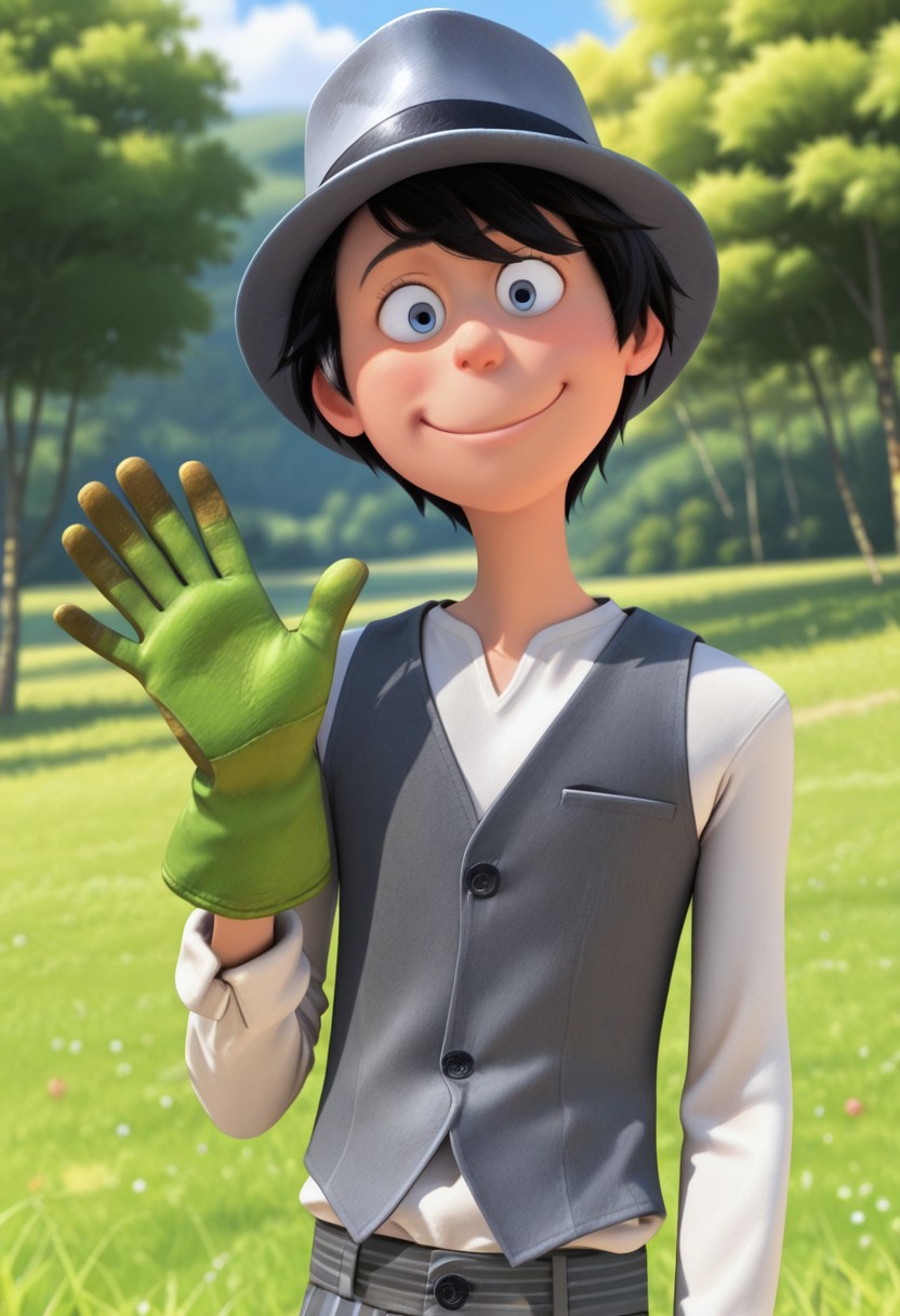 score_9, score_8_up, score_7_up, masterpiece, best quality, amazing quality, The Once-ler, 1boy, solo, blue eyes, black hair, gray fedora, gray vest, white shirt, long sleeves, green gloves, gardening gloves, gray striped pants, smile, looking at viewer, trees, outdoors, day, upper body
