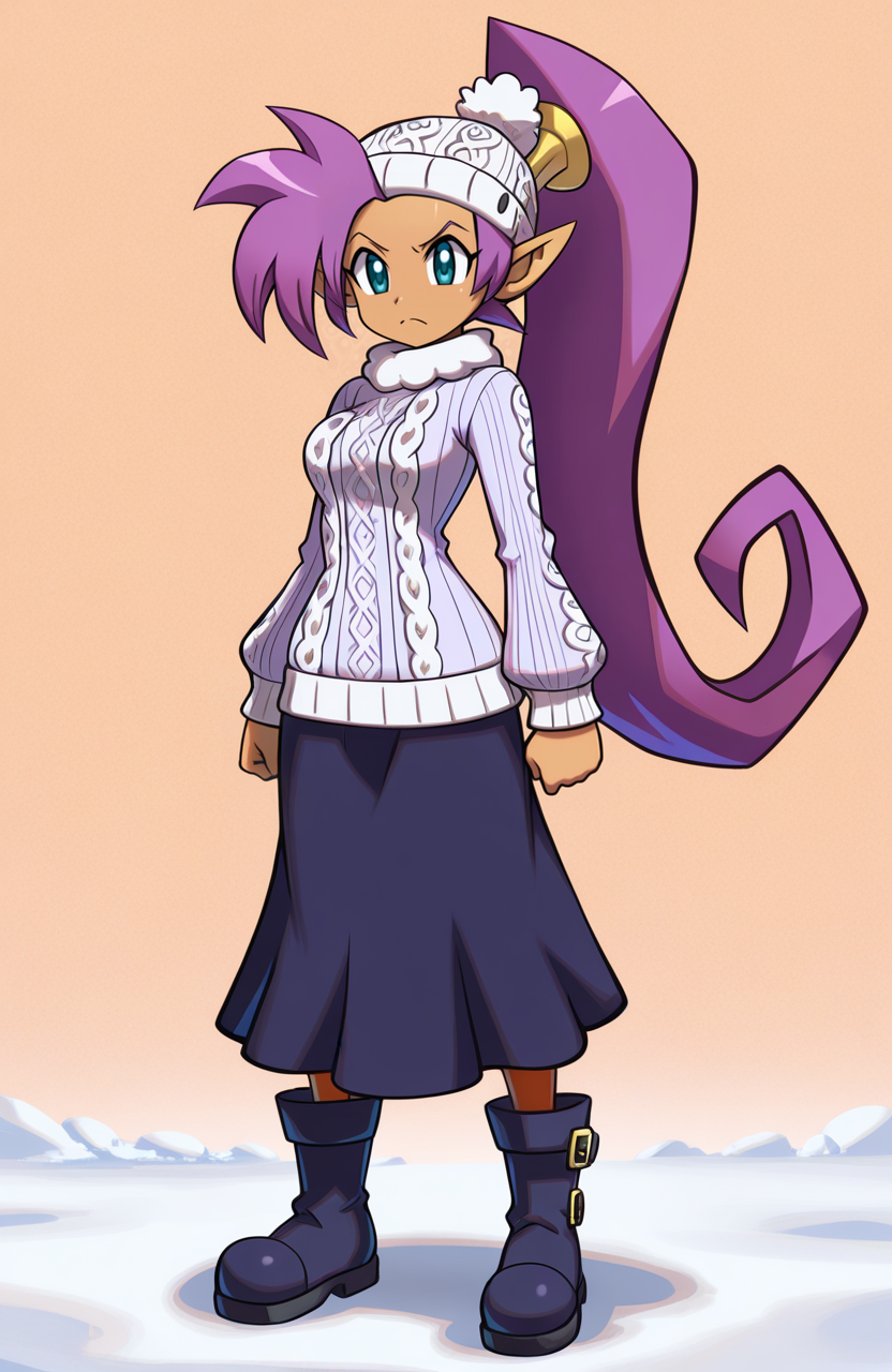 1girl, solo,  <lora:PiratesCurse:1> prtcrs,
shantae, purple hair, very long hair, ponytail, pointy ears, dark-skinned female, winter outfit, knit sweater, long skirt, pantyhose, snow boots, beanie,
standing, eyes averted, subdued frown, gentle posture, reflective sadness, extremely detailed, highres, masterpiece, best quality