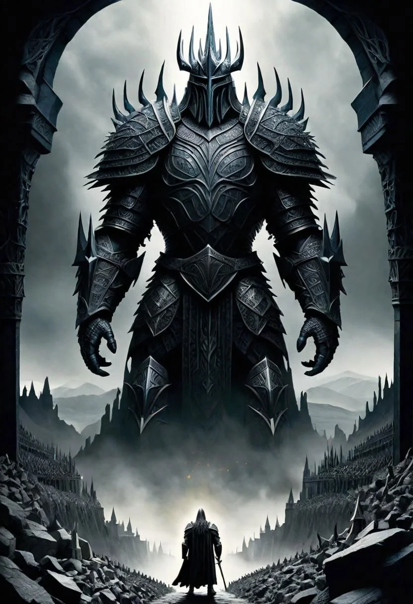 (tolkien themed masterpiece:1.5), (best quality:1.5), (ultra detailed:1.5), (aesthetic + beautiful + harmonic:1.5), (symmetrical intricate details + sharpen symmetrical details) | (Then Morgoth came. For the last time in those great wars he dared to climb from subterranean throne profound, the rumour of his feet a sound of rumbling earthquake underground. Black-armoured, towering, iron-crowned he issued forth; his mighty shield a vast unblazoned sable field with shadow like a thundercloud; and o'er the gleaming king it bowed, as huge aloft like mace he hurled that hammer of the underworld, Grond. Clanging to ground it tumbled down like a thunder-bolt, and crumbled the rocks beneath it; smoke up-started, a pit yawned, and a fire darted.:1.5)