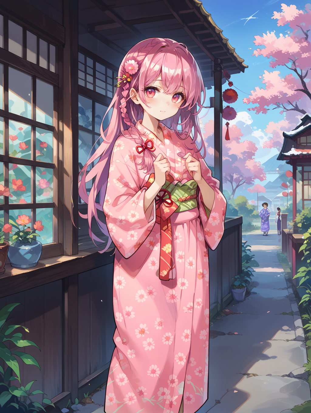 score_9, score_8_up, score_7_up,source_anime,
looking at viewer,outdoors,
tyrfing\\\(pok\\\),
1girl,pink hair, pink eyes, braid,long hair, 
 hair ornament,
yukata,
 <lora:tr-000020:0.8>