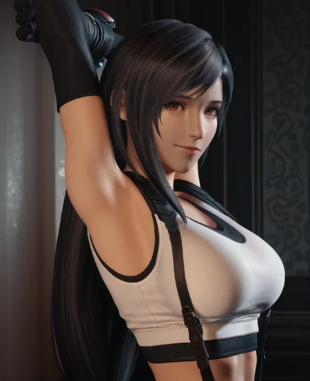 masterpiece, best quality, amazing quality, highres, absurdres, intricate detail, 3d, realistic, detailed skin, <lora:CakiiBB_style_ILLUS-000008:0.7> , <lora:Tifa_ILLUS-000008:0.8> , tif2, 1girl, solo, tifa lockhart, long hair, bangs, black hair, gloves, sleeveless, elbow gloves, armpits, arms up, crop top, suspenders, looking at viewer, from side, light smile, portrait, arm grab, stretching,
