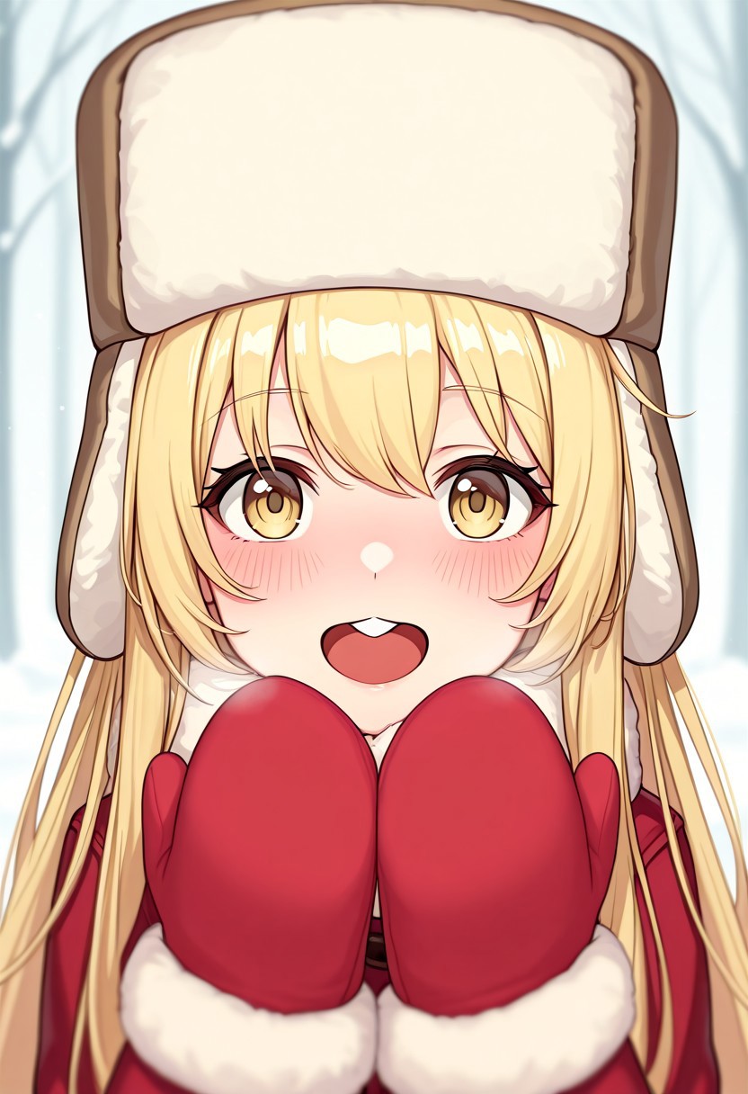 evanyang, illustration, charact portrait, depth of field, blonde hair, very long hair, blushing, face focus, buck teeth, looking at viewer, ushanka, mittens, winter