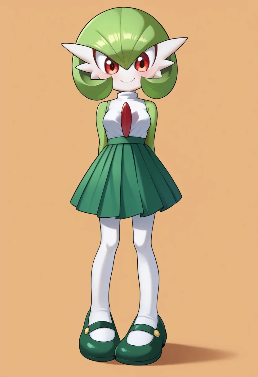 score_9, score_8_up, score_7_up, score_6_up, score_5_up, score_4_up, j3n, 1girl, solo, Full body, female, petite, gardevoir, green_hair, green_skin, hair_over_one_eye, red eyes, pleated skirt, white top, tucked in shirt, green skirt, white tights, cotton tights, sleeveless, turtleneck, green shoes, mary janes, smile, looking down, standing, legs together, arms at sides