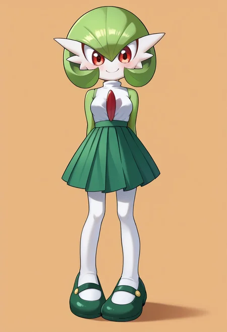 score_9, score_8_up, score_7_up, score_6_up, score_5_up, score_4_up, j3n, 1girl, solo, Full body, female, petite, gardevoir, green_hair, green_skin, hair_over_one_eye, red eyes, pleated skirt, white top, tucked in shirt, green skirt, white tights, cotton tights, sleeveless, turtleneck, green shoes, mary janes, smile, looking down, standing, legs together, arms at sides