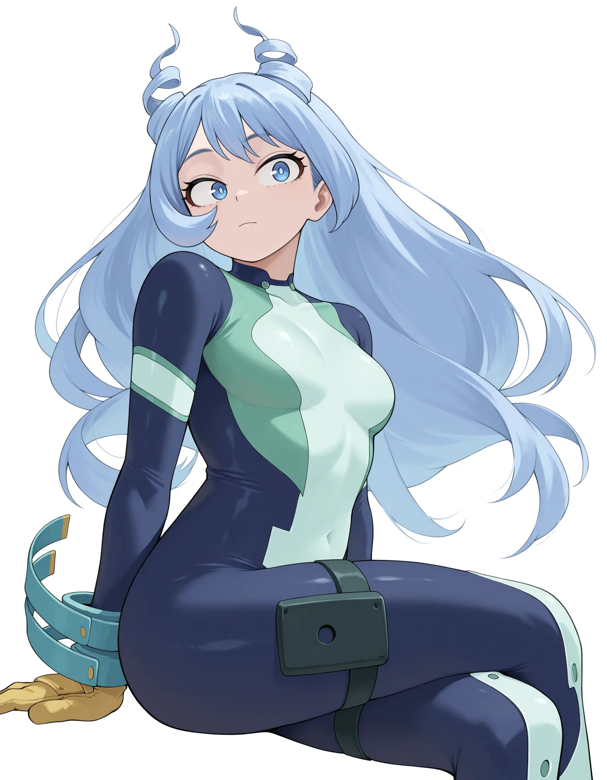 <lora:Hado Nejire Illu:1>nejir3, blue eyes, blue hair, long hair, hair down back, twin drills, hair horns,
nejir3her0, blue bodysuit, green bodysuit, multicolored bodysuit, thigh straps, yellow gloves, blue arm coils, blue spiral wrist straps,
full body, cowboy shot, looking at viewer, expressionless, looking to the side, sitting, crossed legs,
simple background, white background,, masterpiece, best quality, amazing quality