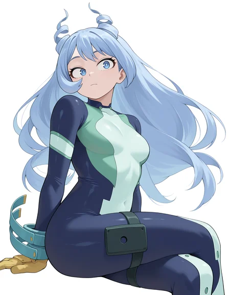 <lora:Hado Nejire Illu:1>nejir3, blue eyes, blue hair, long hair, hair down back, twin drills, hair horns,
nejir3her0, blue bodysuit, green bodysuit, multicolored bodysuit, thigh straps, yellow gloves, blue arm coils, blue spiral wrist straps,
full body, cowboy shot, looking at viewer, expressionless, looking to the side, sitting, crossed legs,
simple background, white background,, masterpiece, best quality, amazing quality