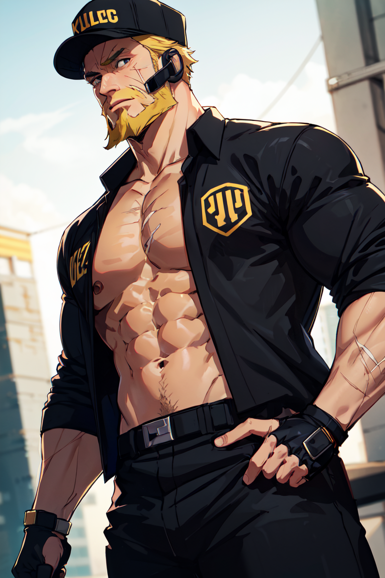 solo male, Killer T Cell \(Cells at Work\), tan skin, blond hair, black eyes, facial hair, beard, scar on face, uniform, black shirt, partially open shirt, partially open clothes, pectoral, black pants, black cap, earpiece, fingerless gloves, boots, mature, handsome, muscular, bulky, charming, alluring, standing, upper body, perfect anatomy, perfect proportions, best quality, masterpiece, high_resolution, dutch angle, cowboy shot, photo background<lora:EMS-353608-EMS:0.800000>