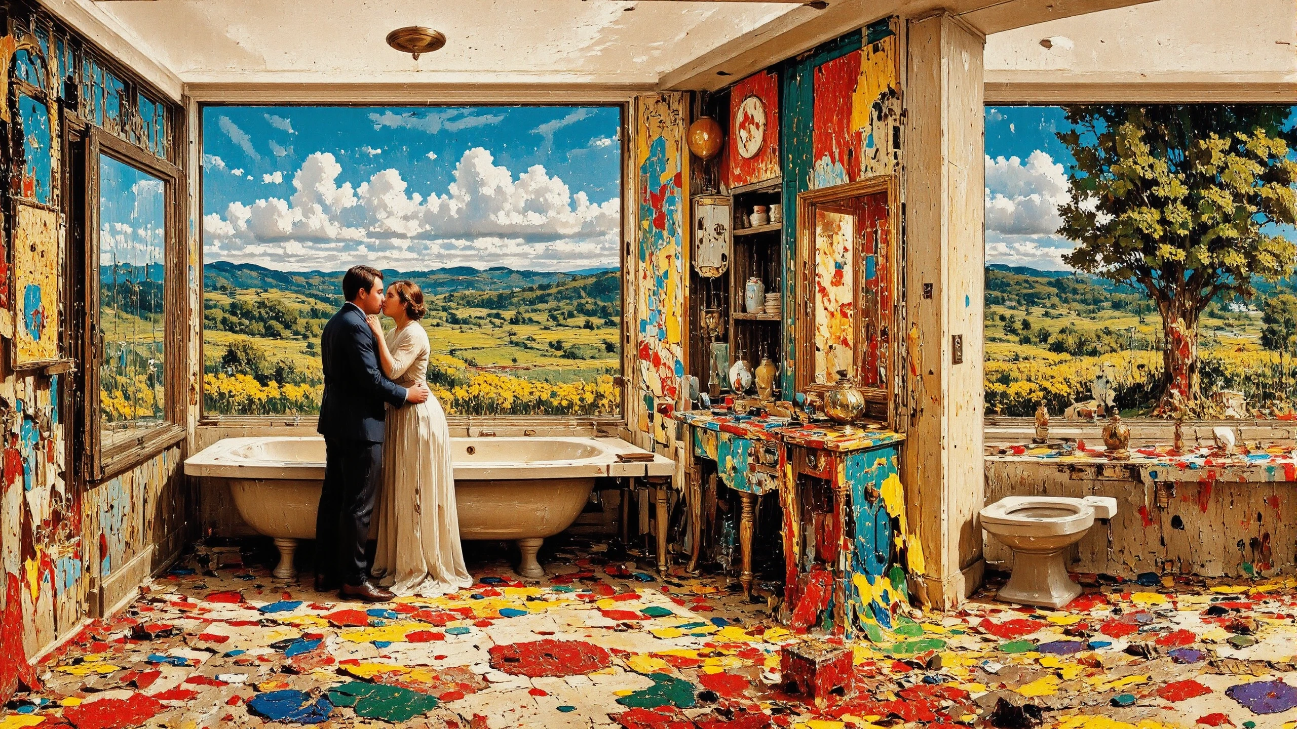 bathroom, beautiful  Tristanian surreal landscape, couple kissing, vivid colors, colorful, multilayer paint splash style, <lora:Hand v2:1> <lora:Anti-Blur:1> <lora:Insane Detail Slider:0.5>   <lora:Flux.1_Turbo_Detailer:0.6>   <lora:flux-photo-transparent_Alpha_1.0:0.8> <lora:flux.1_lora_flyway_Epic-detail_v2:1>   <lora:Painterly01b_CE_FLUX_AIT:0.8> pntrlyCE_style <lora:PsykeV1:1>  <lora:VividlySurreal:1>