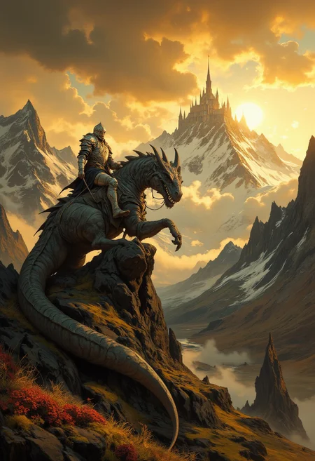 8k high quality digital painting , masterpiece, very detailed, ultra realistic, (best quality) very detailed epic masterpiece, 
unearthly beautiful, a breathtakingly beautiful landscape in the French Alps, in the foreground a shiny knight riding on a black dinosaur-like dragon watches a beautiful castle in the distance, the low  yellow sun casts long shadows, breathtaking light effects by the sun, enchanting landscape, fairytale-like, calm mood, flowers in the foreground, realistic