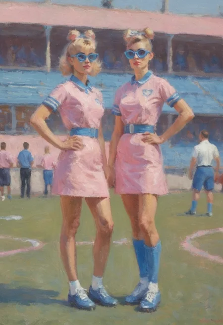 impressionist painting portrait of two 1960 cheerleaders in pink and blue uniforms with cat-eye sunglasses chewing gum looking bored on a football field early morning long shadows