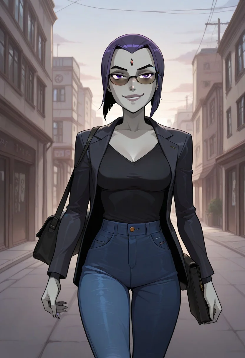 masterpiece, best quality, 2d, mrporty, absurdres,
BREAK,
1girl, solo, raventt, grey skin, forehead jewel, purple hair, short hair, purple eyes, blue jeans, black shirt, black blazer, open blazer, sunglasses, handbag on shoulder, medium breasts, mature female, 20 year old, smug smile, looking at viewer, walking, dynamic pose, front view, BREAK,
front view, detailed background, urban background, ,BREAK score_9, score_8_up, score_7_up, highly detailed, highly detailed skin texture, finely detailed hair, outdoors