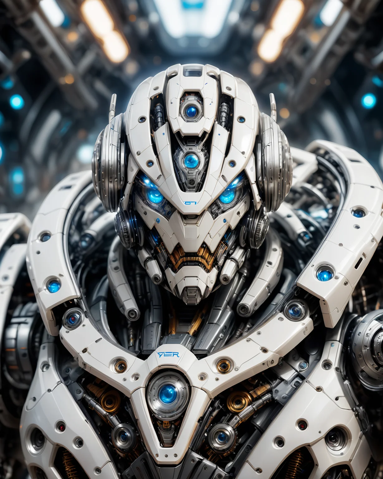 full_body, 1man, mecha, glowing blue eyes, cute, biomechanical, complex robot, interior spaceship background in bokeh, hyper realistic, hyper detailed, intricate, insane fine details, crisp focus <lora:compb0t:0.8>