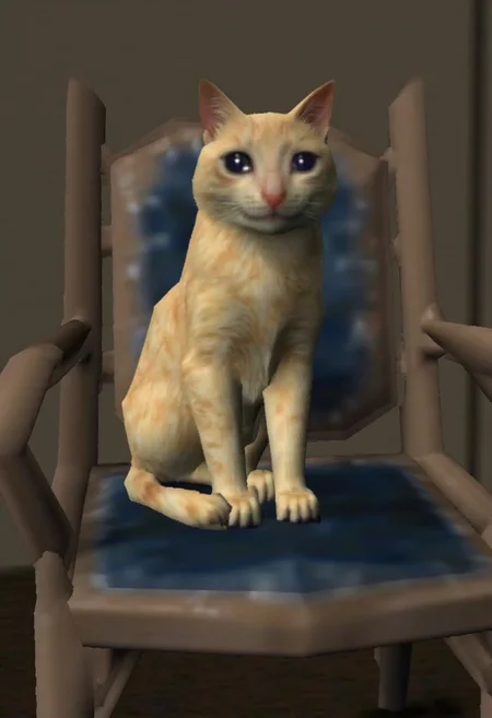 crying cat on a chair. flat lighting, low resolution, crt scanlines, low poly
