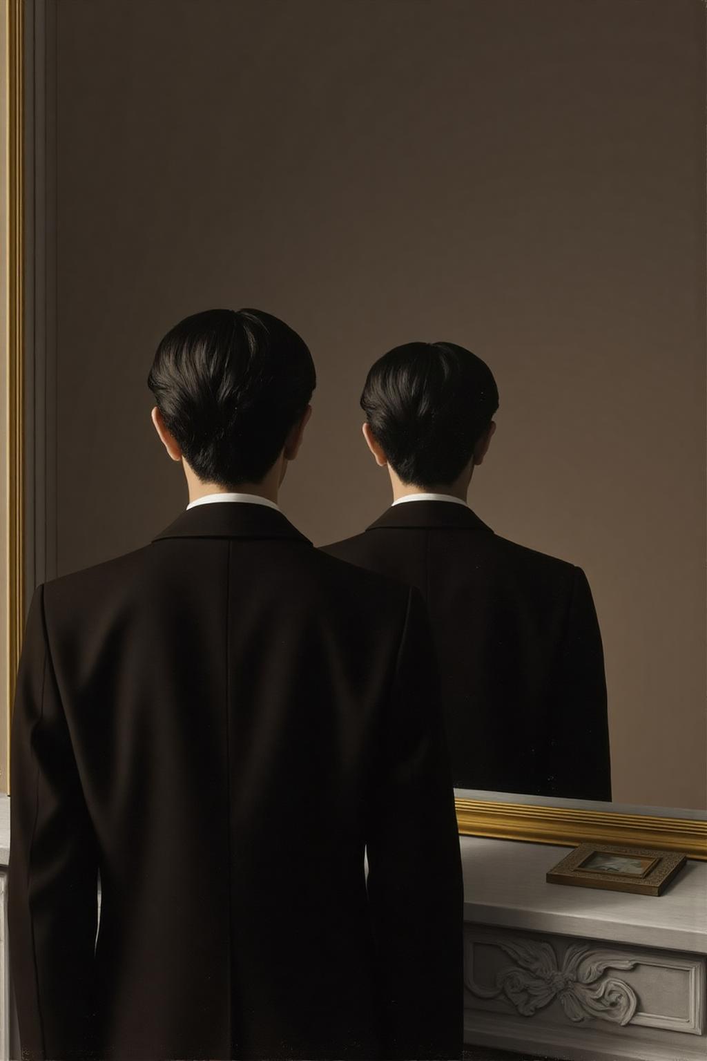 renemag1 painting.
A man viewed from behind, standing in front of a large, ornate mirror. The man has dark, neatly styled hair and is dressed in a dark suit with a white shirt, suggesting a formal or professional setting. His reflection in the mirror also shows the same back view.
 <lora:renemag1_cap_d6a3:1.0><lora:829552742864397308:0>