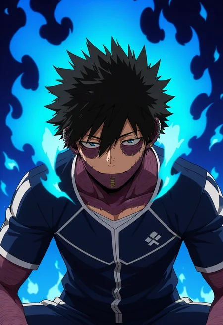 masterpiece, best quality, , anime screencap, anime coloring, official style, looking at viewer, 1boy, solo, male focus, <lora:dabi_bnha_ilxl:0.94>, dabi_bnha, black hair, blue eyes, short hair, spiked hair, hair between eyes, messy hair, bangs, scar, burn scar, scar on face, piercing, ear piercing, stitches, blue fire, , Argyle Jersey Magenta Sweatpants, Thermal shirt, , Bandana, and