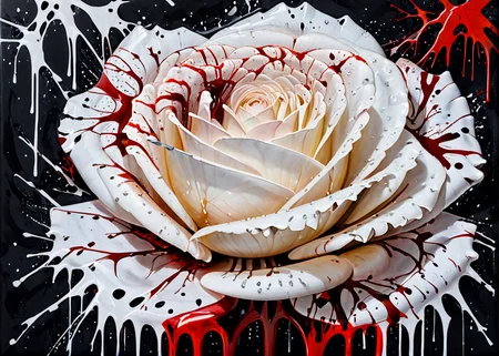 a white rose made of liquid, flowing, drops, (blood splashes:1.3), black background, <lora:MS_AcrylicArt_V1_SDXL:1> acrylic_painting, painting, brush strokes, paint drops, paint splatter