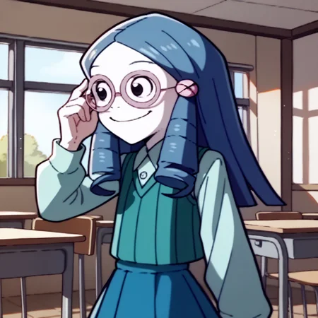 score_9, score_8_up, score_7_up BREAK MattieOHare, 1girl, pale skin, blue hair, hair drills, black eyes, pink crystal round glasses, pink hairclips, teal sleeveless sweater v-neck vest, light cyan long-sleeve blouse, blue skirt, blue socks, cowboy shot, smiling, adjusting glasses, school indoors background,